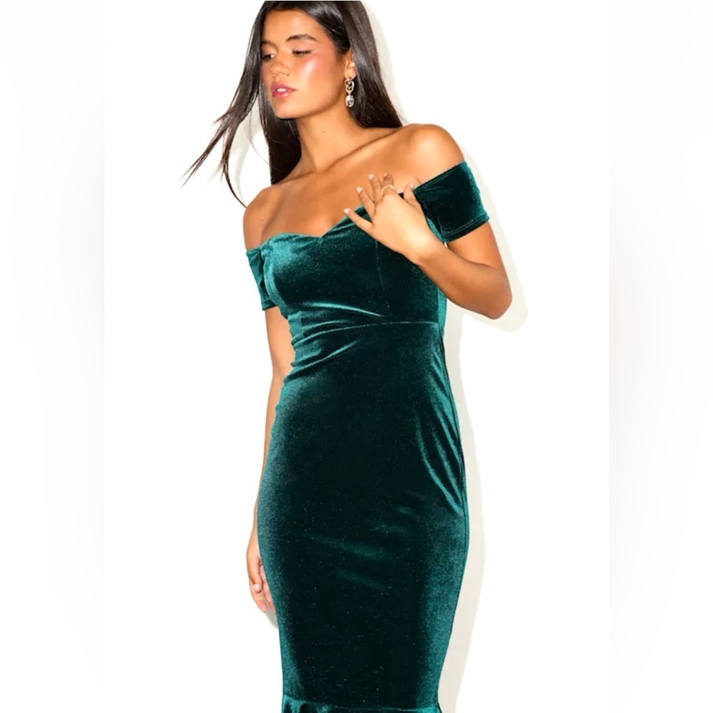 Lulus How Much I Care Dark Teal Velvet Off-the-Shoulder Midi Dress Medium NWOT - Picture 3 of 6